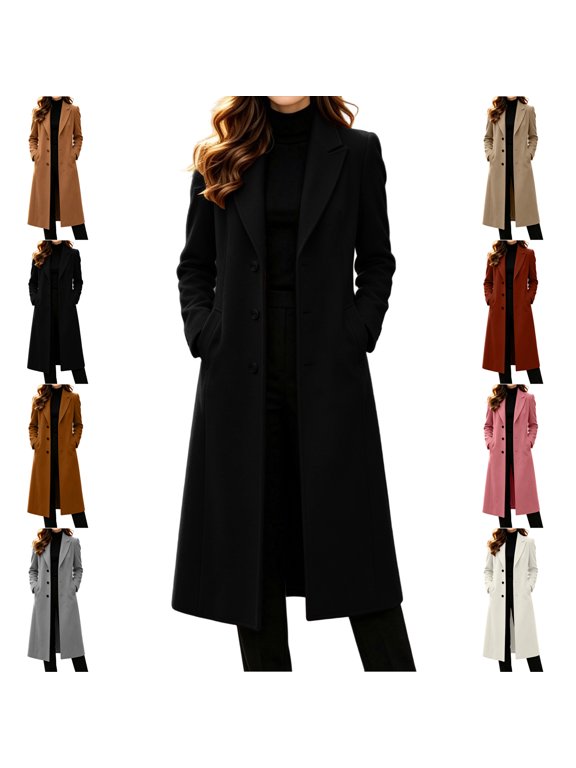 Women's Long Notched Lapel Coat Trendy Casual Single Breasted Button Long Sleeve Wool Blend Jacket Loose Casual Solid Color Fall Winter Outerwear S