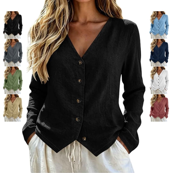 TGSLY Women's Long Sleeve Linen Tops Lightweight Soft V Neck Full Button Front Shirts Breathable Dressy Casual Solid Color Fall Blouses S