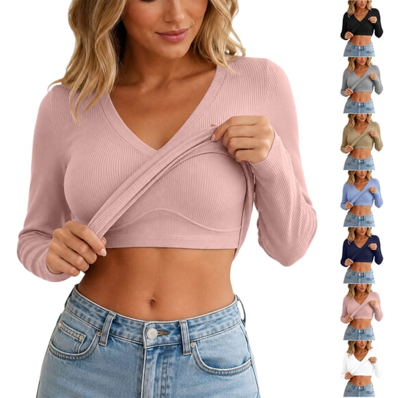 TGSLY Women's Long Sleeve Shirts with Built in Bra Lightweigh Soft V Neck Solid Color Ribbed Tops Slim Casual Work Going Out Fall Blouses L