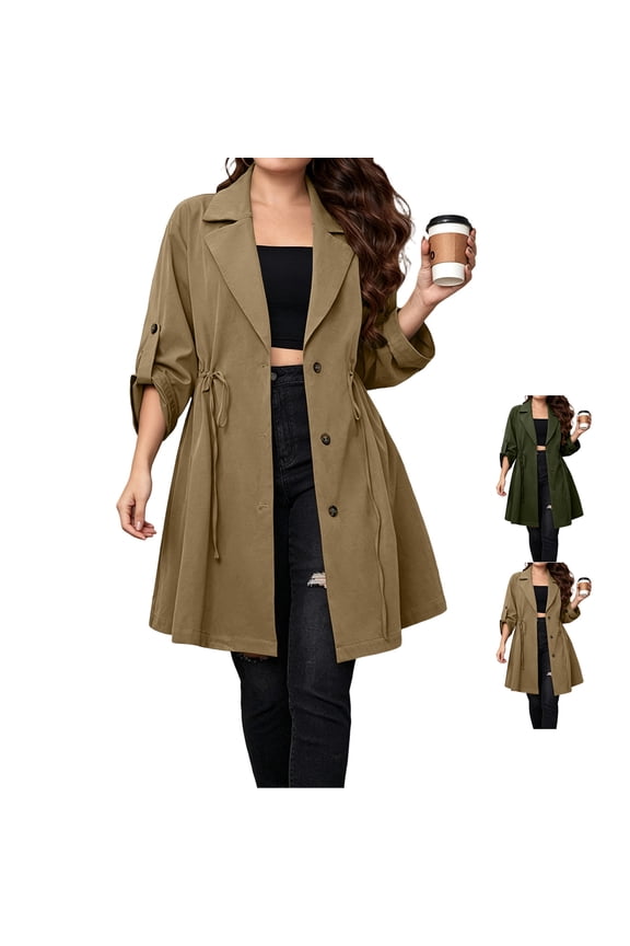 Women's Long Trench Coat Lightweight Notched Lapel Roll Tab Long Sleeve Jacket Dressy Single Breasted Button Side Drawstring Waist Solid Color Fall Outerwear XXXL