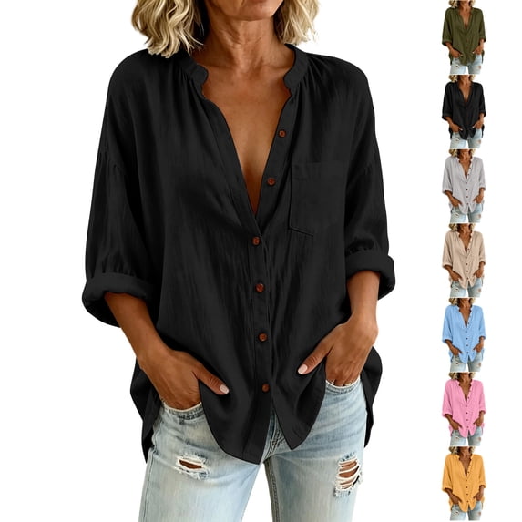 TGSLY Women's Mandarin Collar Shirts Lightweight Solid Color Button-Down Tops Relaxed Dressy Casual Rolled Long Sleeve Blouses XXL