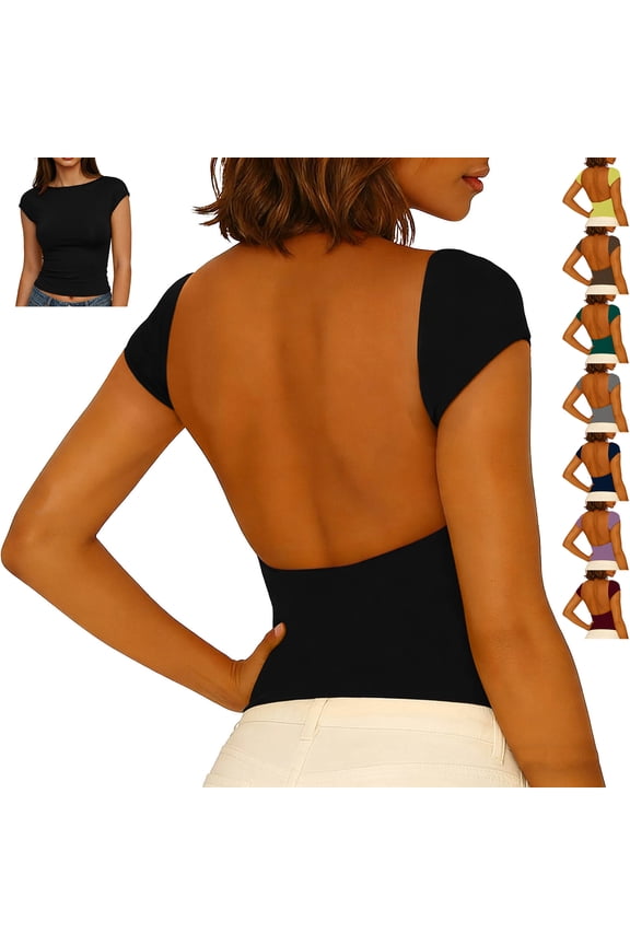 Women's Open Back Tops Dressy Casual Boat Neck Short Sleeve Blouses Lightweigh Thin Summer Y2k Basic Solid Color Tshirts S