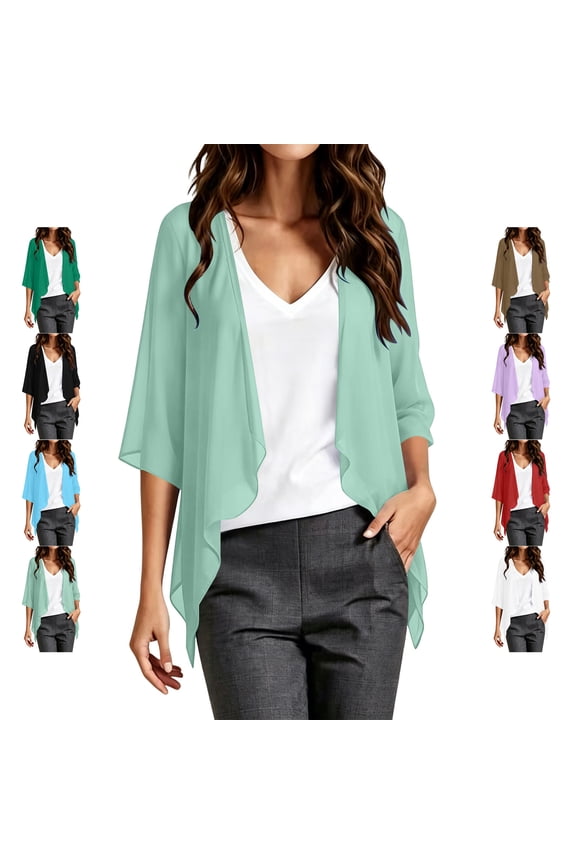 Women's Open Front Chiffon Cardigan Lightweight Thin Casual 3/4 Sleeve Solid Color Shrug Loose Fit Dressy Waterfall Hem Cover Up Coats S