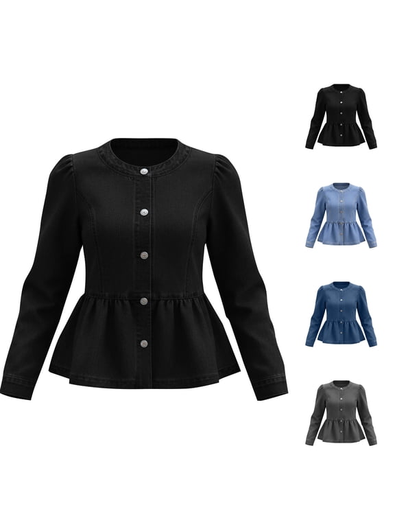 Women's Peplum Denim Jacket Lightweight Button Down Long Sleeve Jean Coat Slim Dressy Casual Solid Color Fall Cardigan Outerwear L