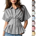 thumbnail image 1 of TGSLY Women's Peplum Striped Shirts Lightweight Thin Collared Button Down Blouses Dressy Casual Batwing Short Sleeve Pleated Waist Tops XL, 1 of 6