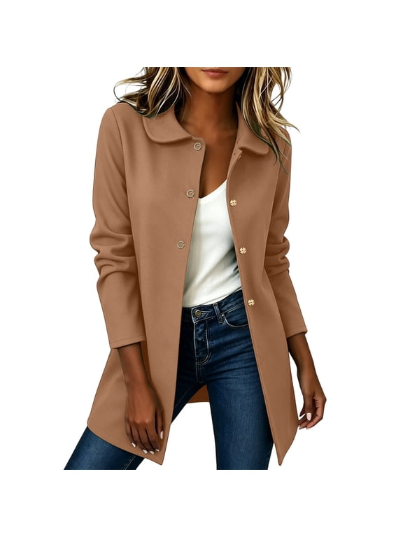 Women's Peter Pan Collar Blend Coat Soft Single Breasted Button Long Sleeve Jacket Relaxed Fit Dressy Casual Solid Color Fall Overcoat M