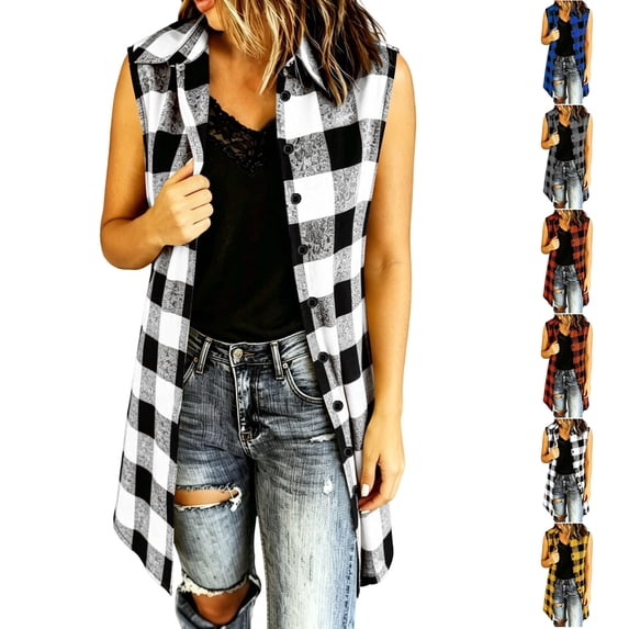 TGSLY Women's Plaid Long Vest Jacket Lightweight Collared Button Down Open Layering Gilet Dressy Casual Sleeveless Cardigan Coat L