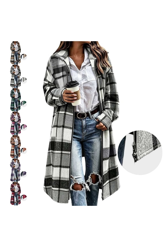 Women's Plaid Wool Blend Trench Coat Lightweight Collared Zip Up Cardigan Jacket Relaxed Casual Long Sleeve Long Shacket with Pockets S