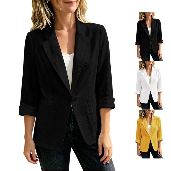 TGSLY Women's Plus Size Linen Blazer Lightweight Thin Notched Lapel Single Breasted Button Coat Loose Casual Solid Color Long Sleeve Suit Jacket XL