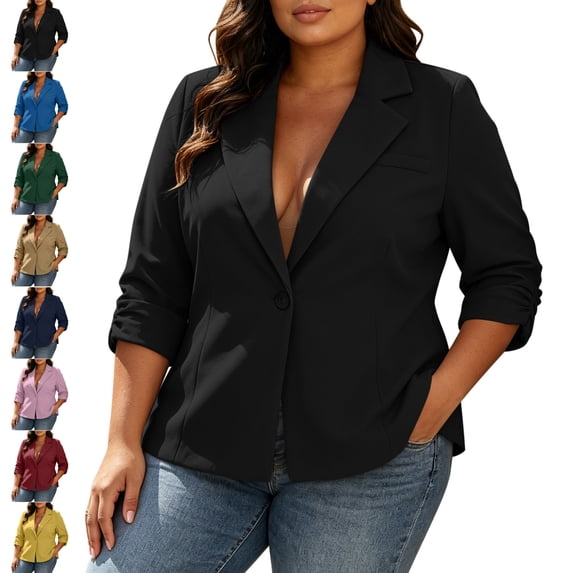 TGSLY Women's Plus Size Suit Coat Lightweight Notch Lapel Single Breasted Button Jacket Loose Dressy Casual Solid Color Ruched 3/4 Sleeve Blazers L