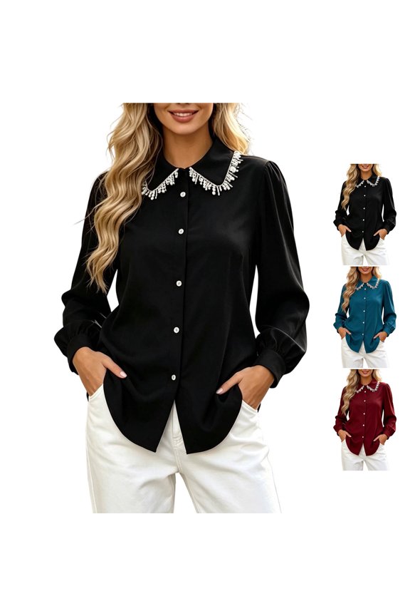Women's Plus Size Tops Rhinestone Fringe Collared Button Down Dressy Shirts Oversized Casual Puff Solid Color Long Sleeve Tunic Blouses XL