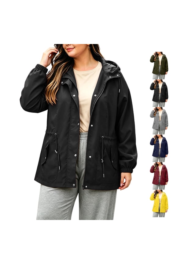 Women's Plus Size Utility Windbreaker Jacket Lightweight Zip Up Snap Button Down Drawstring Hooded Waterproof Coat Casual Long Sleeve Solid Color Jacket with Pockets XXL