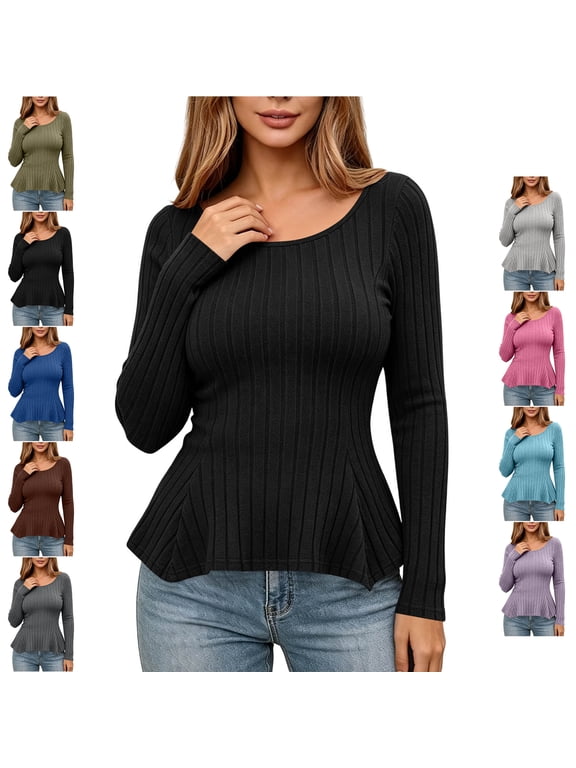 Women's Ribbed Flared Peplum Tops Lightweight Soft Scoop Neck Long Sleeve Shirts Dressy Casual Solid Color Fall Blouses XL