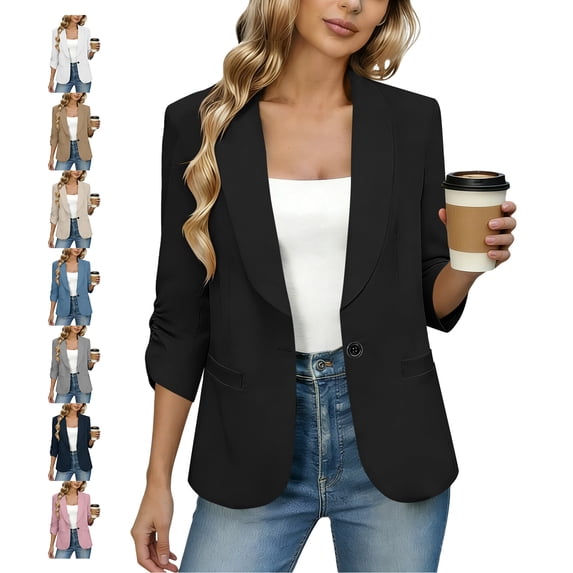 TGSLY Women's Ruched 3/4 Sleeve Blazers Single Button Shawl Lapel Collar Coat Lightweight Slim Fit Casual Solid Color Jacket with Pocket M
