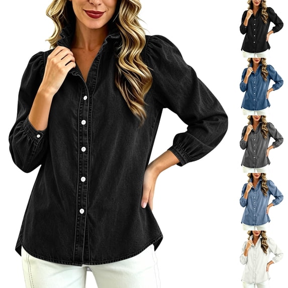 TGSLY Women's Ruffle Trim High Collar Denim Jacket Lightweight Button Down Puff Long Sleeve Tops Dressy Casual Solid Color Trucker Coat M