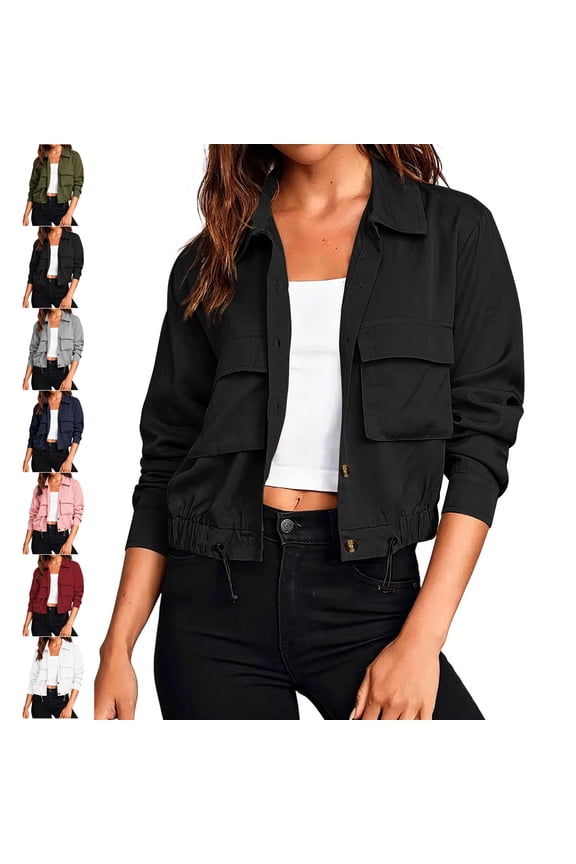 Women's Safari Cropped Jackets Casual Collared Button-Down Long Sleeve Coat Loose Drawstring Hem Solid Color Utility Jacket with Pockets M