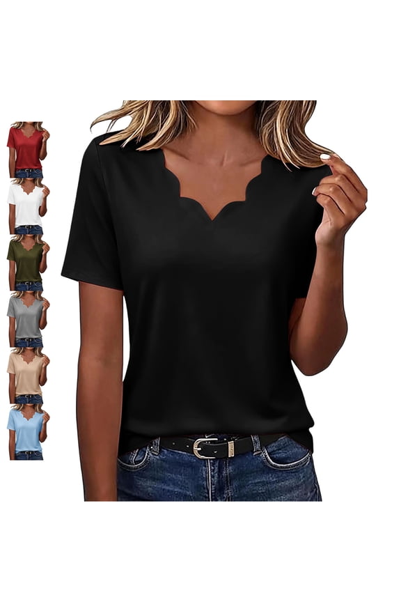 Women's Seashell Edge V Neck Tops Lightweight Soft Solid Color Short Sleeve Shirts Dressy Casual Summer Vacation Blouses L