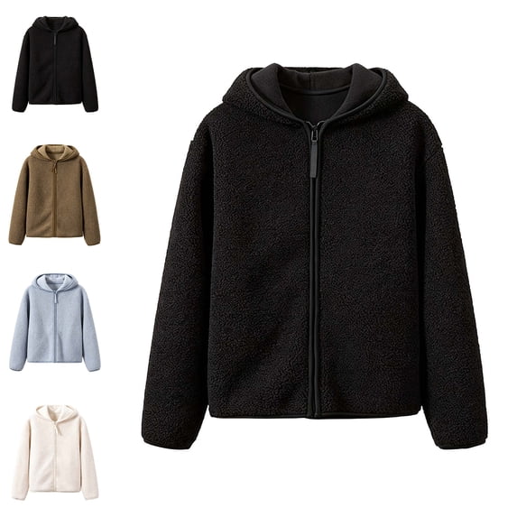 TGSLY Women's Sherpa Fleece Hooded Jacket Soft Warm Zip Up Long Sleeve Cardigan Coat Relaxed Casual Solid Color Fall Winter Outerwear S