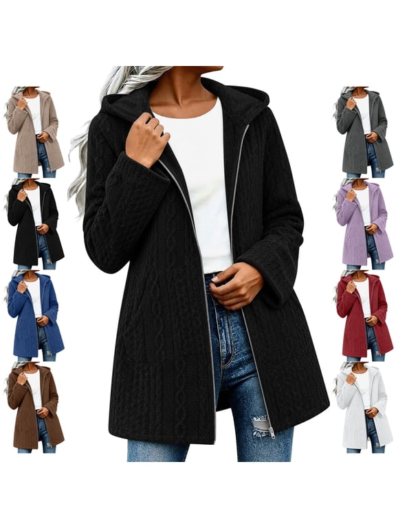 Women's Sherpa Lined Jacket Warm Soft Zip Up Long Sleeve Cable Hooded Cardigan Relaxed Casual Solid Color Winter Outerwear with Pockets S