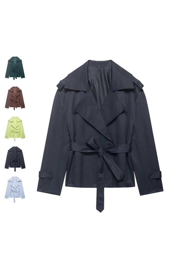 Women's Short Notch Lapel Trench Coat Lightweight Long Sleeve Double-Breasted Jacket Tie Waist Belt Solid Color Coat with Pockets S