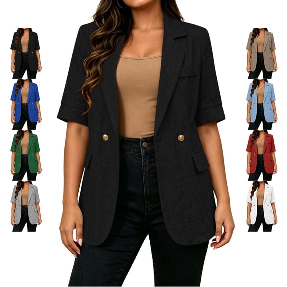 TGSLY Women's Short Sleeve Blazers Lightweight Notched Lapel Solid Color Suit Coat Dressy Casual Double Breasted Button Jacket with Pockets L