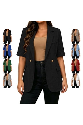 Women's Short Sleeve Blazers Lightweight Notched Lapel Solid Color Suit Coat Dressy Casual Double Breasted Button Jacket with Pockets XXL