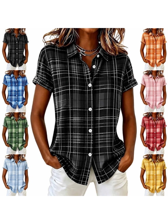 Women's Short Sleeve Plaid Tops Lightweight Thin Collared Button Down Shirts Relaxed Dressy Casual Curved Hem Office Blouses XL