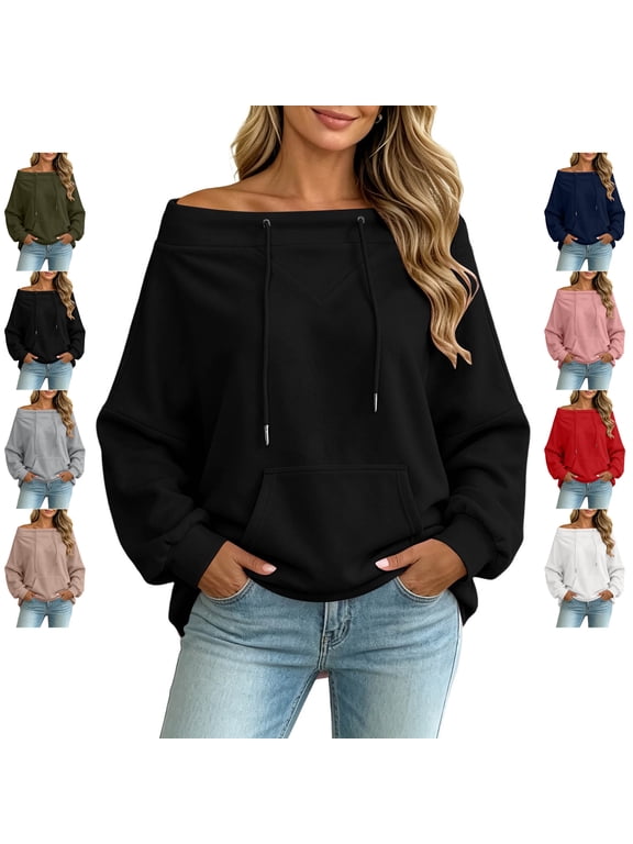 Women's Off the Shoulder Drawstring Sweatshirt Lightweight Boat Neck Long Sleeve Workout Tops Relaxed Casual Solid Color Fall Pullover with Pocket L