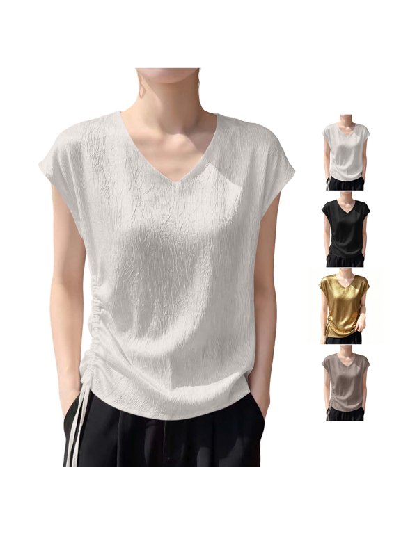 Women's Side Drawstring Ruched Tops Lightweight Thin V Neck Cap Sleeve Blouses Loose Fit Dressy Casual Solid Color Shirts M