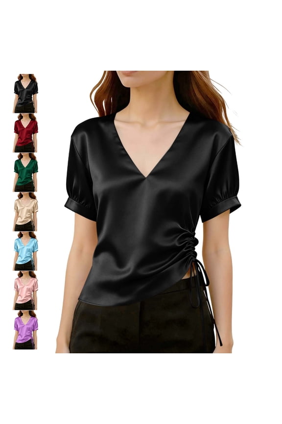 Women's Side Drawstring Satin Blouses Silky Soft V Neck Puff Short Sleeves Tops Dressy Casual Asymmetric Hem Solid Color Tshirts M