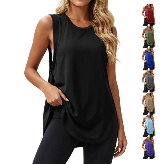 TGSLY Women's Side Slit Workout Tank Tops Crew Neck Wide Cut Racerback Sleeveless Shirts Loose Fit Curved Hem Solid Color Yoga Gym Vest XXL