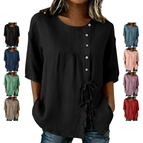 TGSLY Women's Side Tie Tops Lightweight Soft Side Button Solid Color T-Shirt Dressy Casual Crew Neck 3/4 Dolman Sleeve Blouses XL