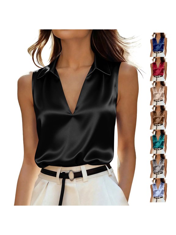 Women's Silk Satin Collared Tank Tops Lightweight Soft Deep V Neck Sleeveless Vest Dressy Casual Solid Color Tunic Blouses XXL