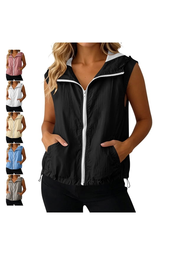 Women's Sleeveless Sun Protection Jackets Drawstring Hem Zip Up Hoodie Vest Lightweight Outdoor Solid Color Shirts with Pocket M