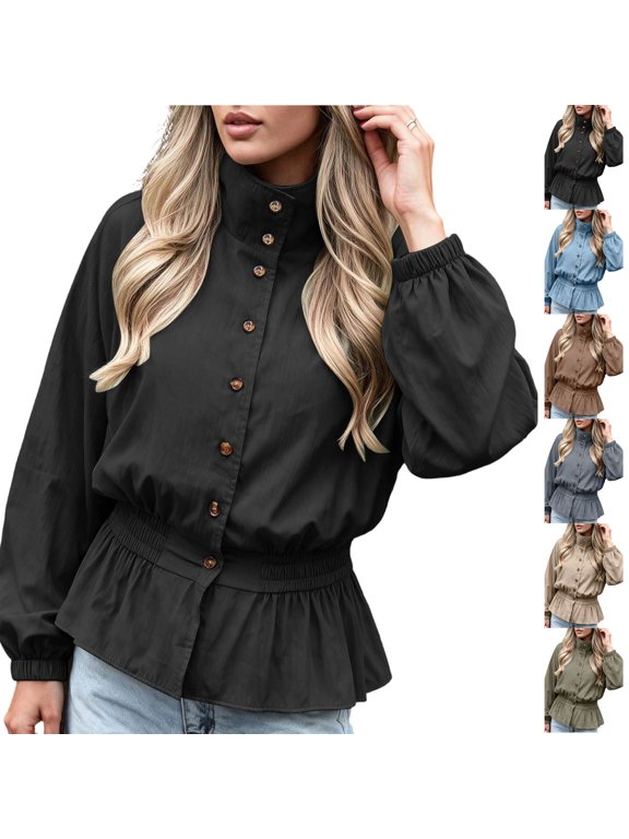 Women's Smocked Waist Jacket Lightweight Stand Collar Button Down Outerwear Loose Casual Solid Color Long Sleeve Fall Winter Coat XXL