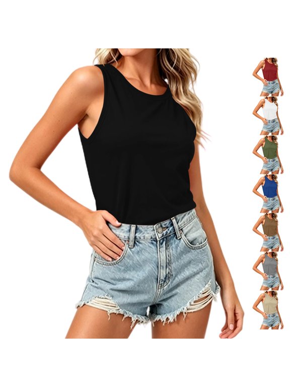 Women's Split Open Back Tank Tops Athletic Gym Casual Crew Neck Sleeveless Shirts Loose Fit Dressy Solid Color Cropped Vest XXL
