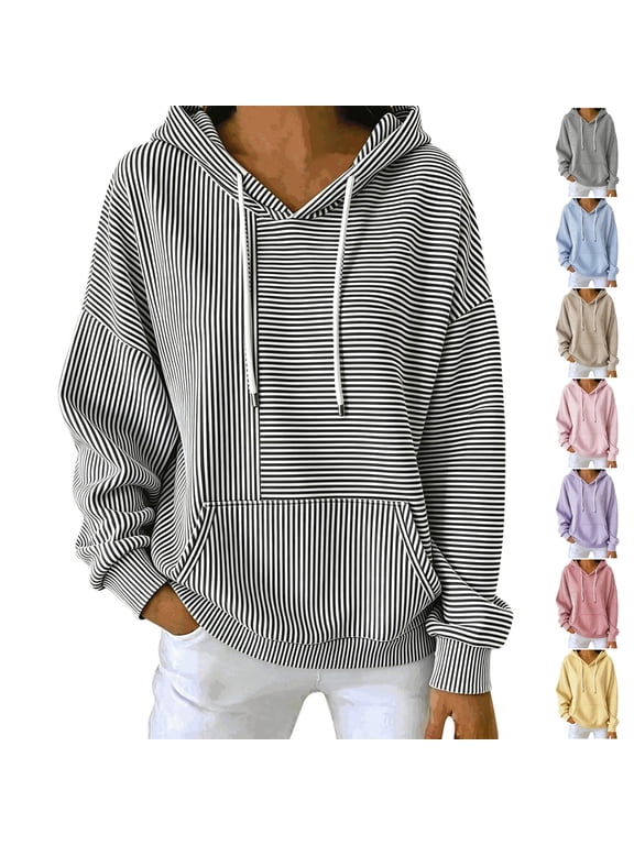 Women's Striped Hooded Sweatshirt Long Sleeve Drawstring Oversized Hoodies with Kangaroo Pocket Loose Fit Dressy Casual Pullover Tops XXL