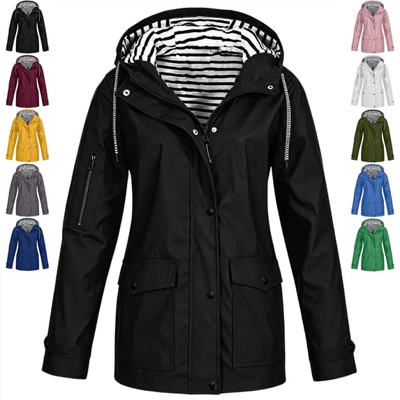 TGSLY Women's Striped Lined Hooded Raincoat Lightweight Zip Up Snap Buttons Drawstring Hood Tops Long Sleeve Rain Jacket Windbreaker with Pockets XXXL
