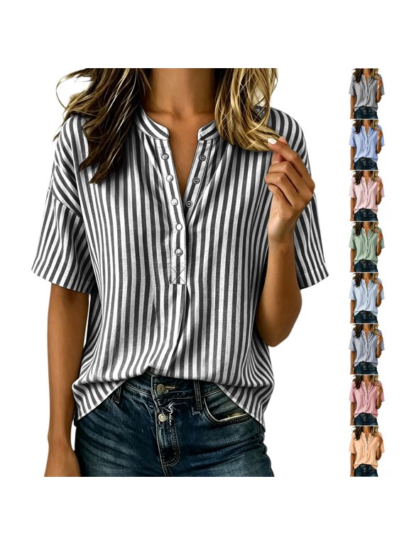 Women's Striped Tops Lightweight Thin Casual Split V Neck Half Snap Button Down Blouses Loose Fit Dressy Short Dolman Sleeve Shirts XXL