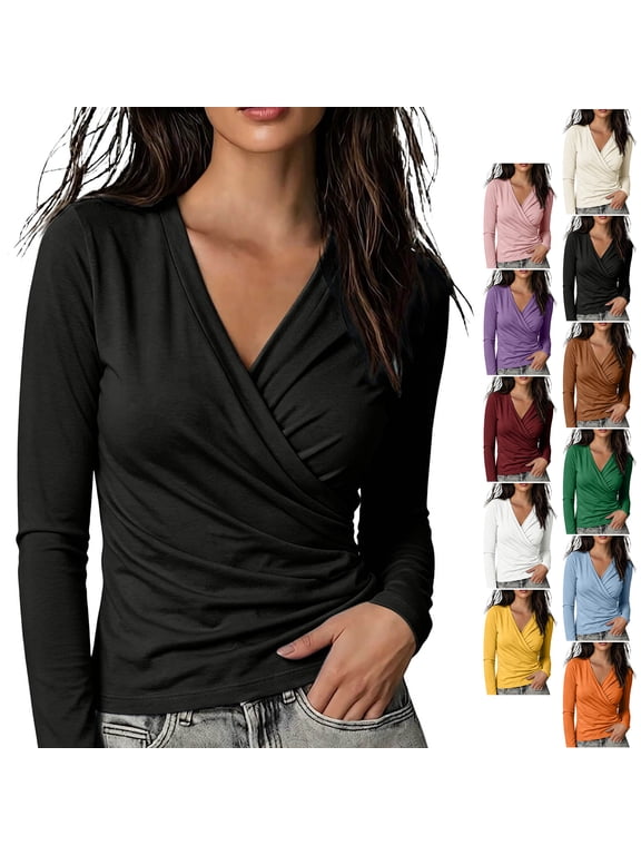 Women's Surplice Wrap V‑Neck Tops Lightweight Soft Long Sleeve Side Ruched Shirts Slim Dressy Casual Solid Color Fall Blouses S
