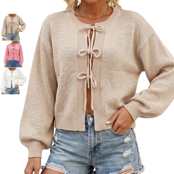 TGSLY Women's Tie Front Bow Cardigan Sweaters Lightweight Soft Crew Neck Long Puff Sleeve Knit Tops Loose Causal Solid Color Cropped Cardigans M