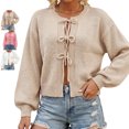 thumbnail image 1 of TGSLY Women's Tie Front Bow Cardigan Sweaters Lightweight Soft Crew Neck Long Puff Sleeve Knit Tops Loose Causal Solid Color Cropped Cardigans XL, 1 of 8