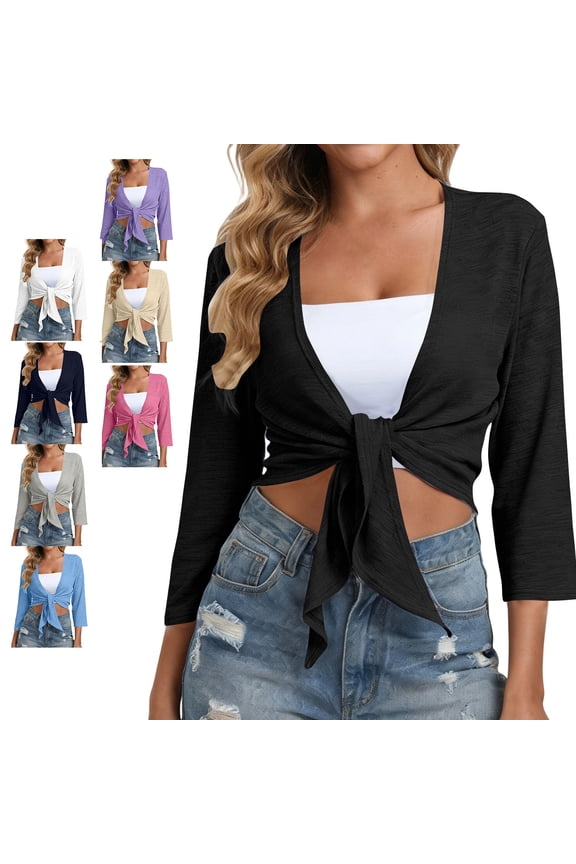 Women's Tie Front Shrug Bolero Cardigan 3/4 Sleeve Casual Short Shawl Tops Lightweight Soft Bolero Shrugs for Dresses Solid Color Shirts Navy XXL