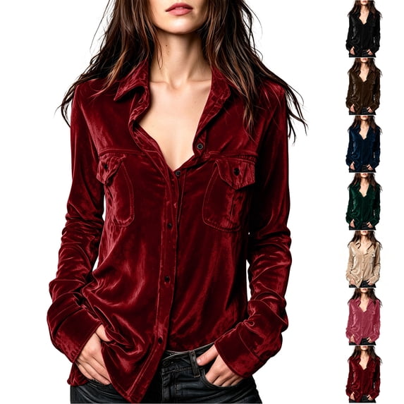 TGSLY Women's Velvet Button Down Shirts Lightweight Soft Collared Long Sleeve Tops Dressy Casual Solid Color Fall Blouses with Pockets XL