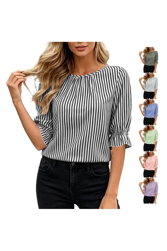Women's Vertical Striped Print Crew Neck Tops Back Button Down Placket 3/4 Ruffle Flounce Sleeve Shirts Loose Relaxed Fit Curved Split Back Hem Blouses XXL