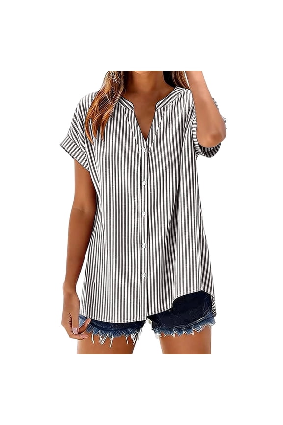 Women's Vertical Striped Print V Neck Tops Full Button Down Front Short Sleeve Blouse Oversized Loose Relaxed Fit Shirts S