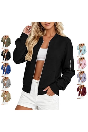 Women's Waffle Bomber Jacket Lightweight Soft Zip Up Solid Color Cardigan Coat Fall Casual Long Sleeve Cropped Outerwear with Pocket S