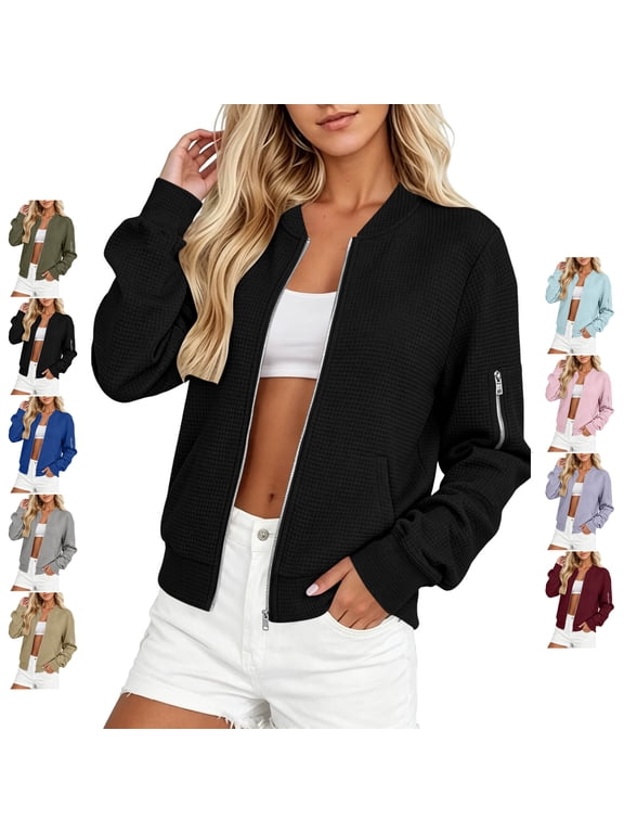 Women's Waffle Bomber Jacket Lightweight Soft Zip Up Solid Color Cardigan Coat Fall Casual Long Sleeve Cropped Outerwear with Pocket S