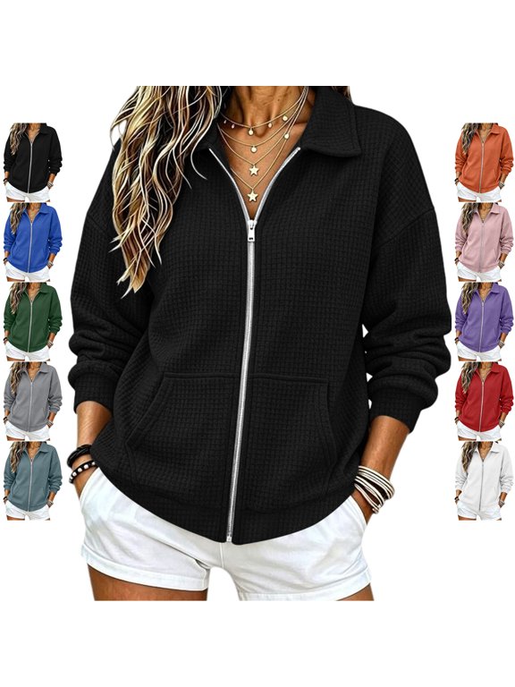 Women's Waffle Jacket Lightweight Soft Collared Zip Up Long Sleeve Cardigan Coat Relaxed Casual Solid Color Fall Outerwear with Pockets XXL