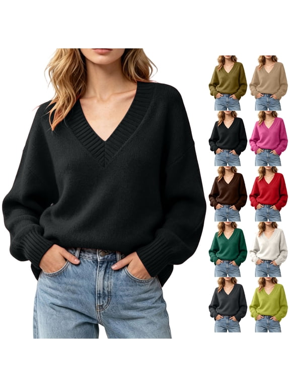 Women's Wool Blend Sweater Soft Casual V Neck Long Sleeve Knit Pullover Relaxed Casual Solid Color Fall Layering Tops M